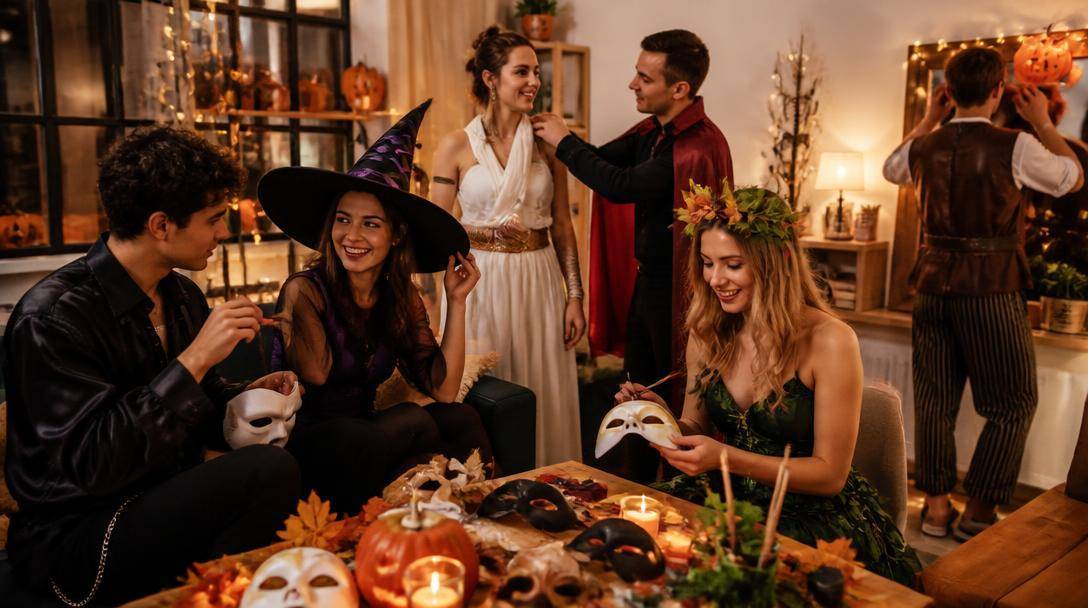 Amici preparano maschere e accessori per una festa di Halloween in casa.