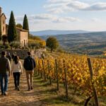 Visitatori passeggiano tra i filari di un vigneto italiano vicino a una cantina.