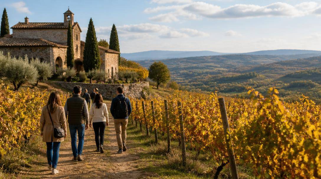 Visitatori passeggiano tra i filari di un vigneto italiano vicino a una cantina.