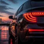 Parte posteriore di un SUV con fanali luminosi a segmenti ripresi al crepuscolo.