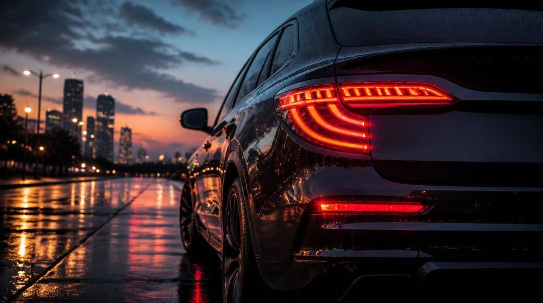 Parte posteriore di un SUV con fanali luminosi a segmenti ripresi al crepuscolo.