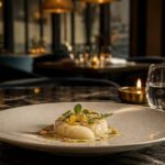 Piatto di alta cucina servito in una sala ristorante elegante e contemporanea.