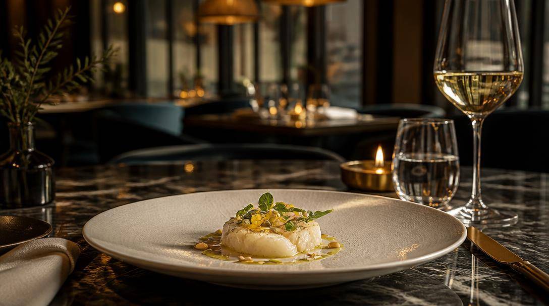 Piatto di alta cucina servito in una sala ristorante elegante e contemporanea.