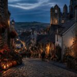 Centro storico irlandese illuminato per una festa autunnale di Halloween