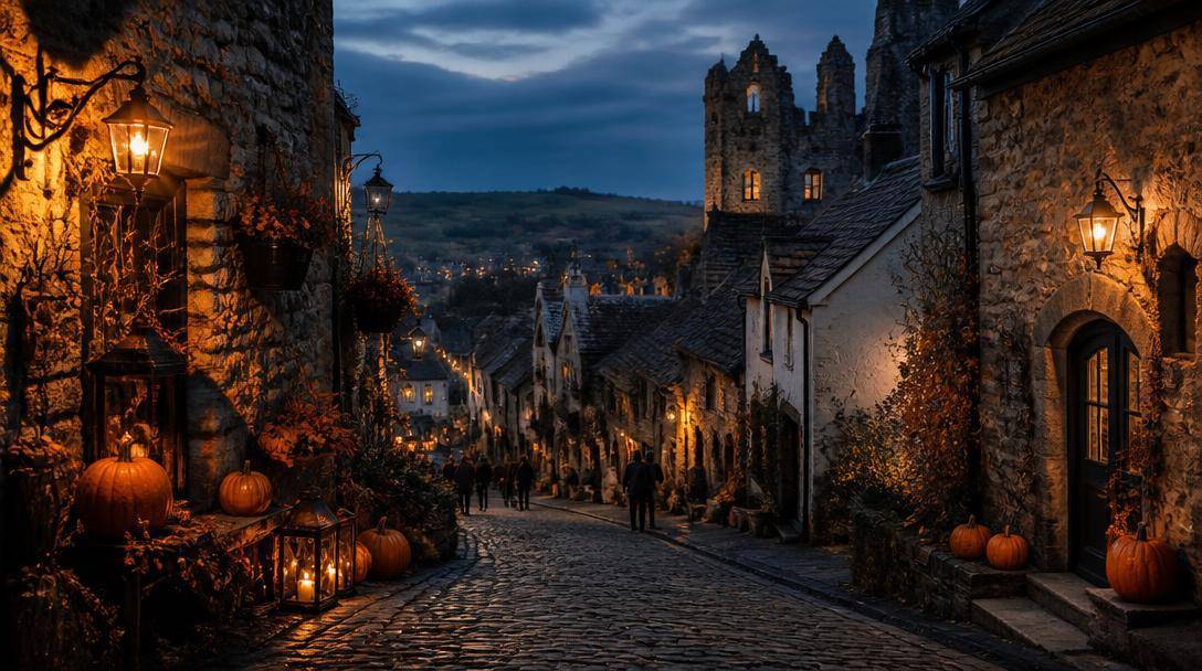 Centro storico irlandese illuminato per una festa autunnale di Halloween