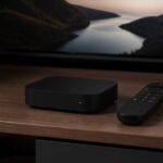 Televisore e dispositivo multimediale in un soggiorno contemporaneo illuminato naturalmente.