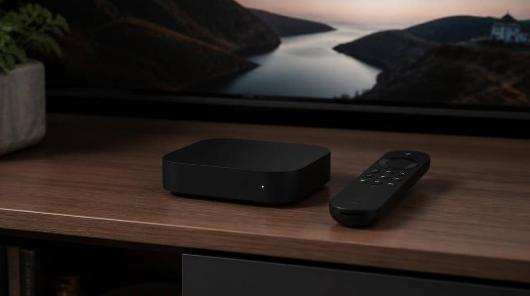 Televisore e dispositivo multimediale in un soggiorno contemporaneo illuminato naturalmente.