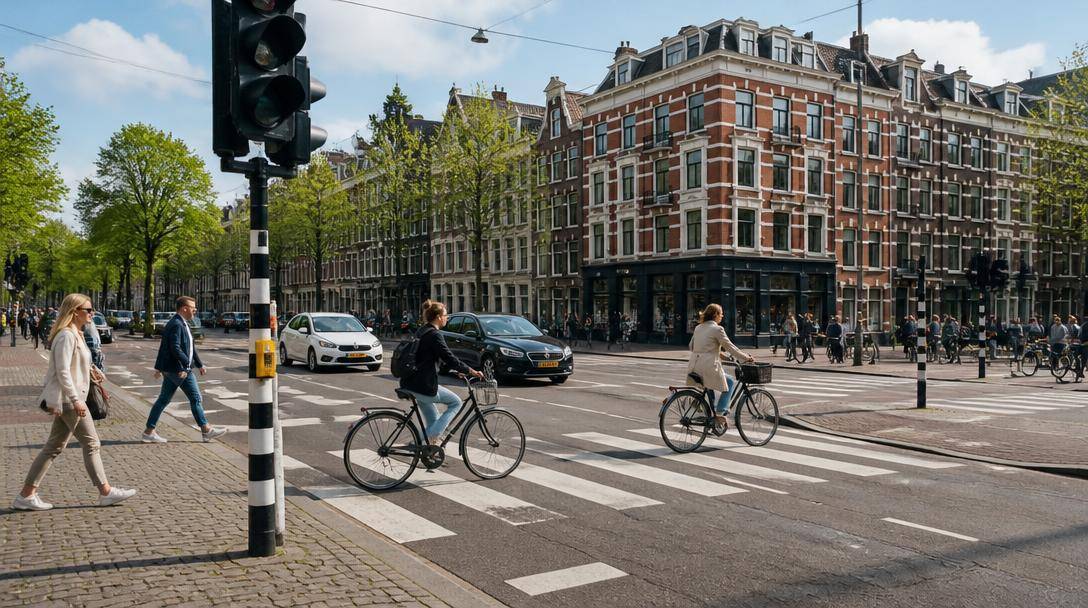 Automobili, ciclisti e pedoni attraversano un incrocio urbano regolato
