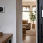 Soggiorno moderno arredato con piccoli dispositivi per la casa intelligente.
