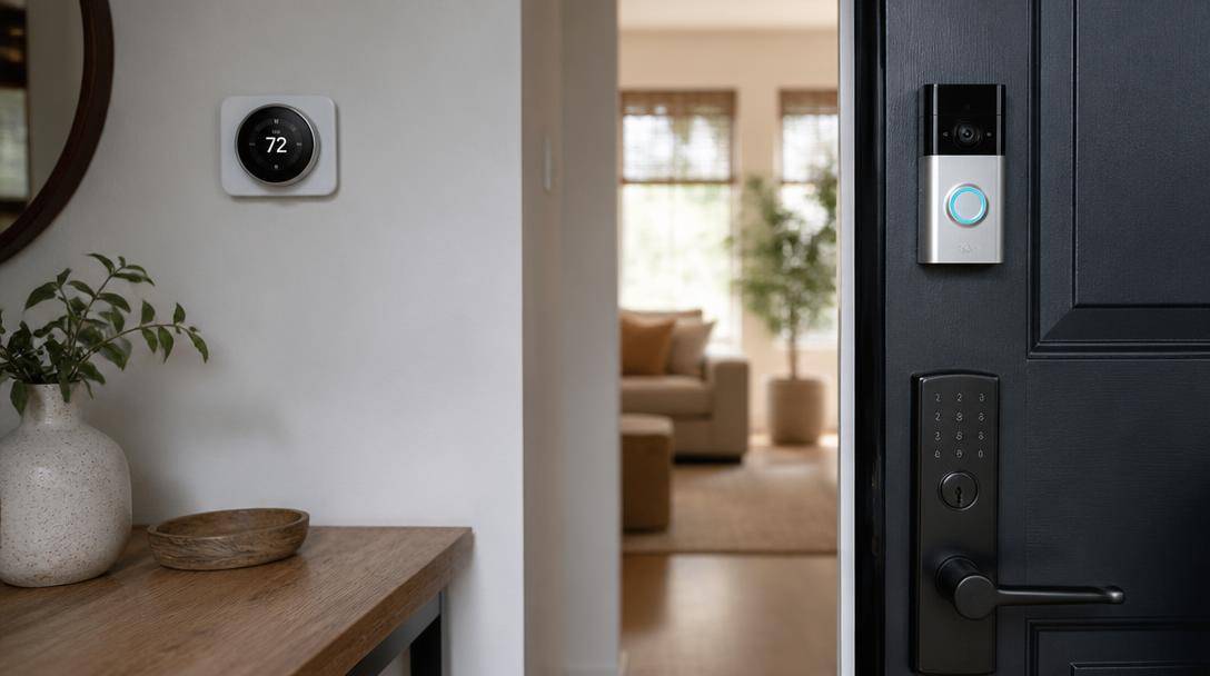 Soggiorno moderno arredato con piccoli dispositivi per la casa intelligente.