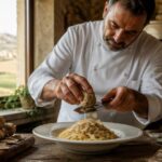 Cuoco prepara un piatto di pasta con tartufo bianco in una cucina tradizionale