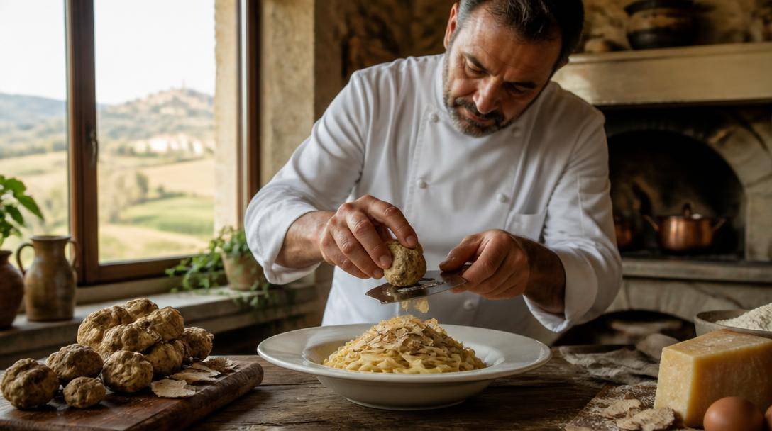 Cuoco prepara un piatto di pasta con tartufo bianco in una cucina tradizionale