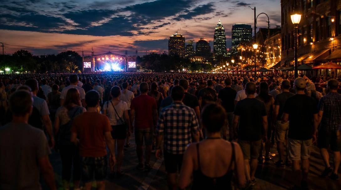 Pubblico a un grande concerto serale con la città illuminata sullo sfondo