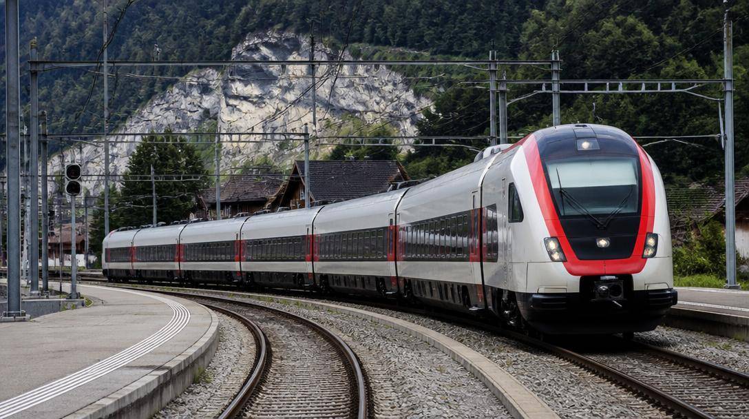 Viaggiatori salgono su un treno passeggeri in una stazione ferroviaria italiana.