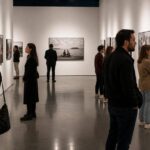 Visitatori osservano fotografie di reportage esposte in una galleria museale