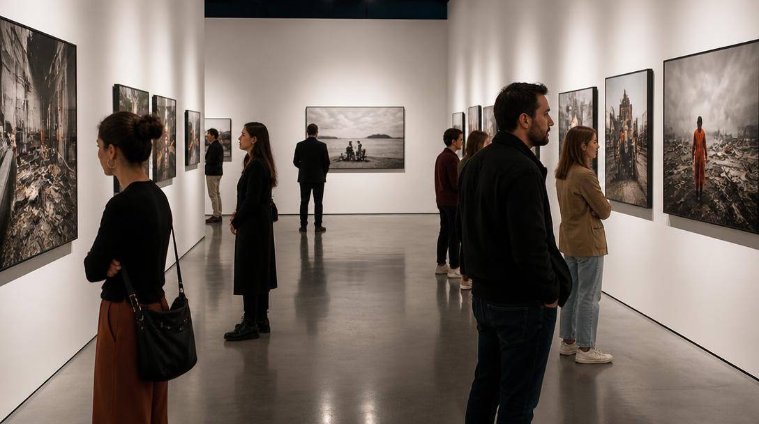 Visitatori osservano fotografie di reportage esposte in una galleria museale